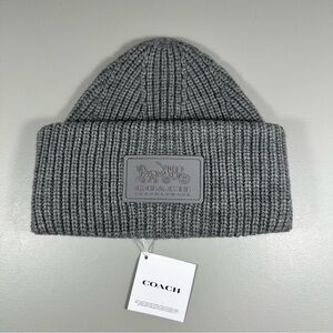 COACH Grey Knit Rubber Patch Logo Beanie